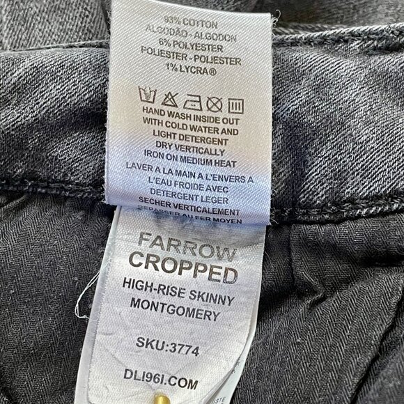 DL1961 Farrow Cropped High-Rise Skinny Jeans Montgomery Raw Hem Black Size 25 - Picture 10 of 12